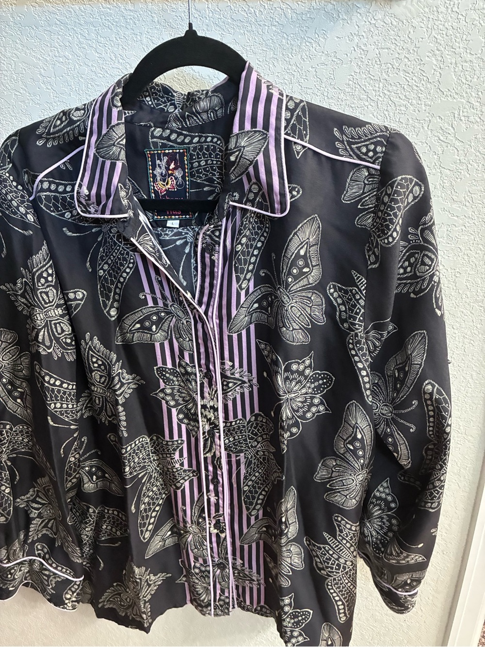 Johnny Was Black Shirt with Lavender Striped Trim